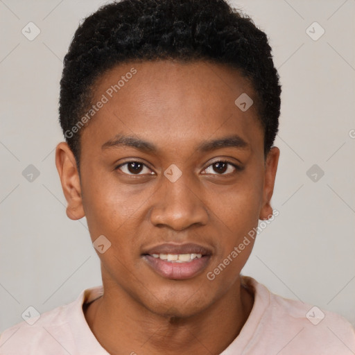 Joyful latino young-adult male with short  brown hair and brown eyes