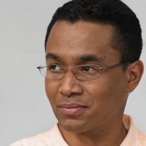 Neutral black adult male with short  black hair and brown eyes