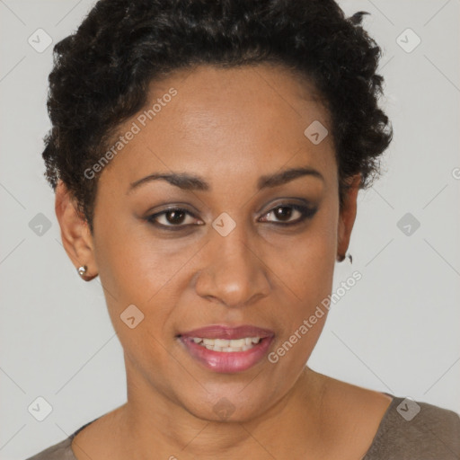 Joyful latino young-adult female with short  brown hair and brown eyes