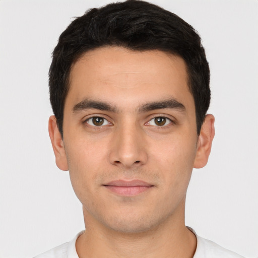 Neutral white young-adult male with short  black hair and brown eyes