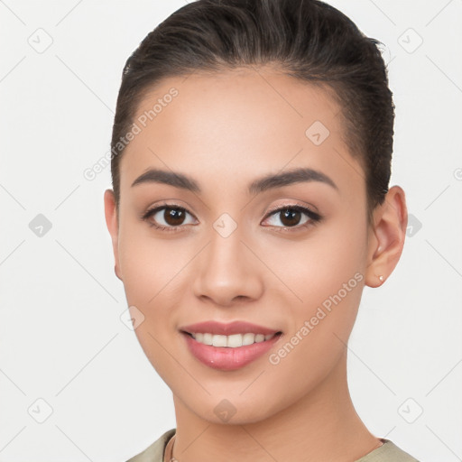 Joyful white young-adult female with short  brown hair and brown eyes