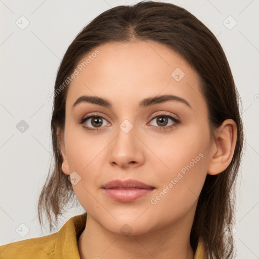 Neutral white young-adult female with medium  brown hair and brown eyes