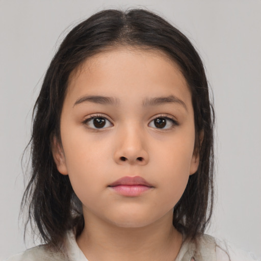 Neutral latino child female with medium  brown hair and brown eyes