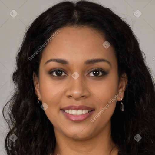 Joyful latino young-adult female with long  brown hair and brown eyes