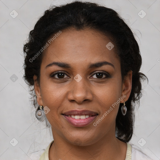 Joyful black young-adult female with medium  brown hair and brown eyes