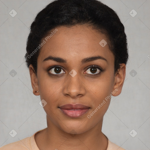 Joyful latino young-adult female with short  black hair and brown eyes