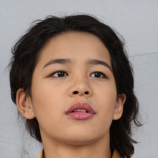Neutral asian young-adult female with medium  brown hair and brown eyes