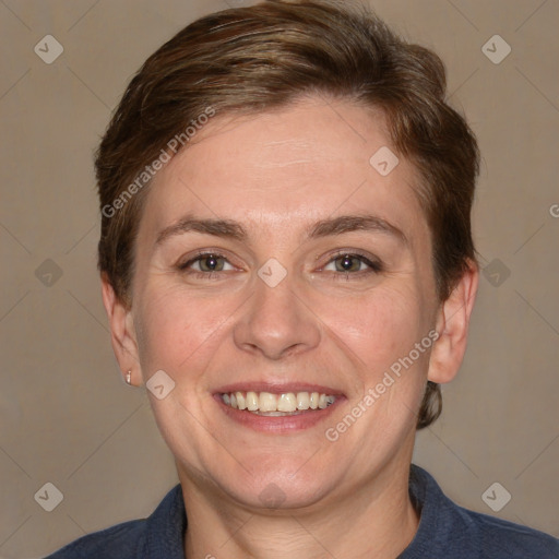 Joyful white adult female with short  brown hair and brown eyes