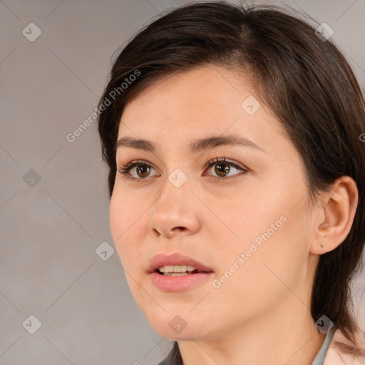 Neutral white young-adult female with medium  brown hair and brown eyes