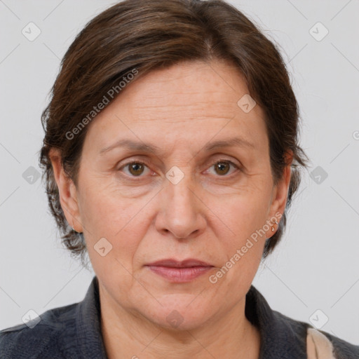 Joyful white middle-aged female with short  brown hair and brown eyes