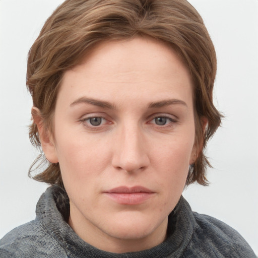 Neutral white young-adult female with medium  brown hair and blue eyes