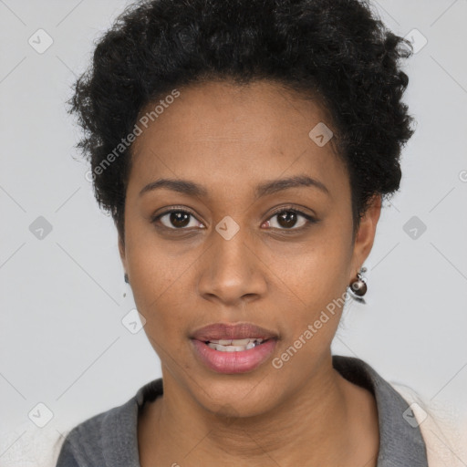 Neutral black young-adult female with short  black hair and brown eyes