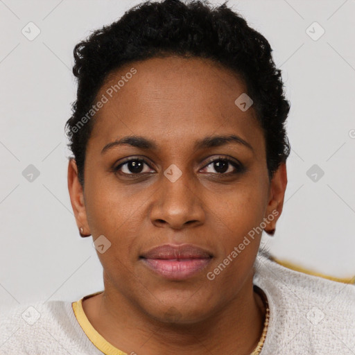 Neutral black young-adult female with short  brown hair and brown eyes