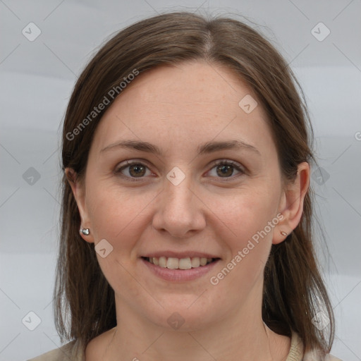 Joyful white young-adult female with medium  brown hair and grey eyes