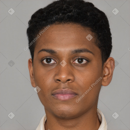 Neutral latino young-adult female with short  brown hair and brown eyes