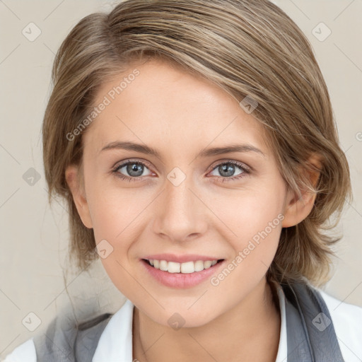 Joyful white young-adult female with medium  brown hair and blue eyes