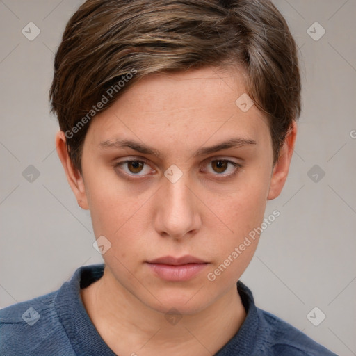 Neutral white young-adult female with short  brown hair and grey eyes