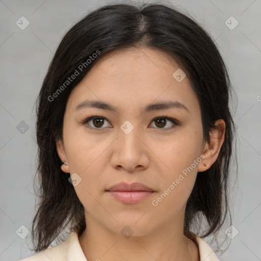 Neutral asian young-adult female with medium  brown hair and brown eyes