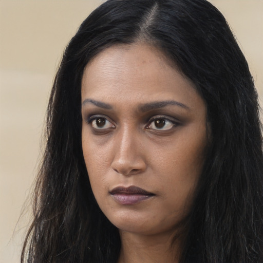 Neutral asian young-adult female with long  black hair and brown eyes