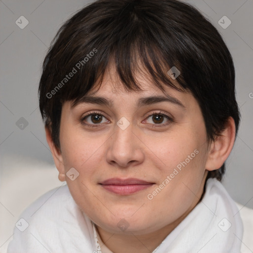 Joyful white young-adult female with medium  brown hair and brown eyes