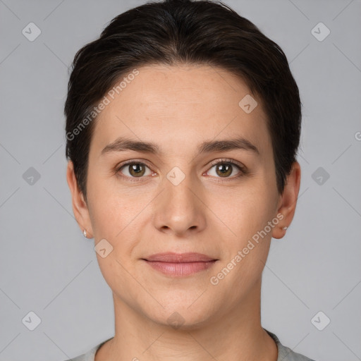 Joyful white young-adult female with short  brown hair and brown eyes