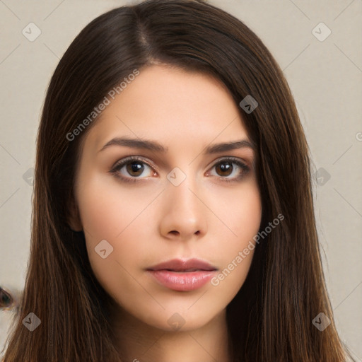 Neutral white young-adult female with long  brown hair and brown eyes