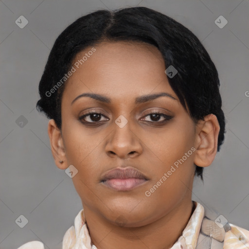 Neutral latino young-adult female with short  brown hair and brown eyes