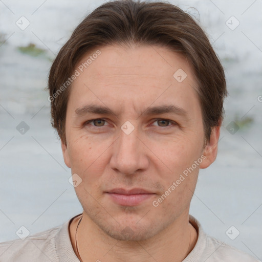 Neutral white adult male with short  brown hair and grey eyes