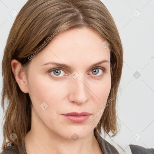 Neutral white young-adult female with medium  brown hair and grey eyes