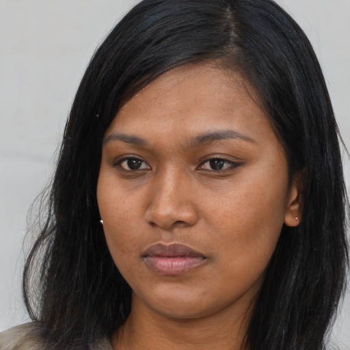 Neutral asian young-adult female with long  black hair and brown eyes