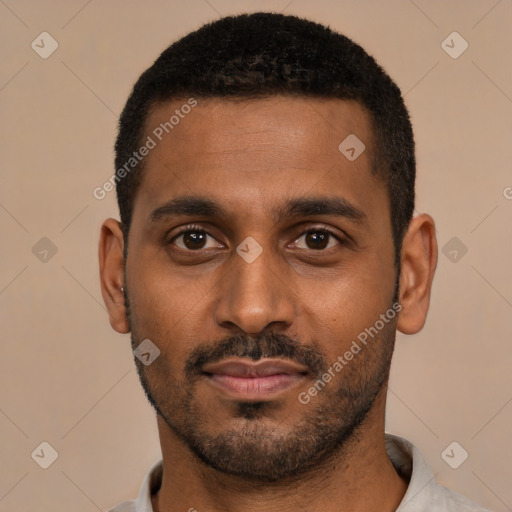 Neutral black young-adult male with short  black hair and brown eyes