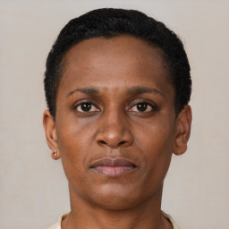 Neutral black young-adult female with short  brown hair and brown eyes