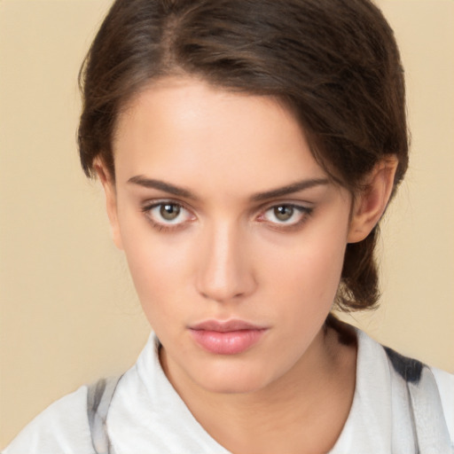 Neutral white young-adult female with medium  brown hair and brown eyes