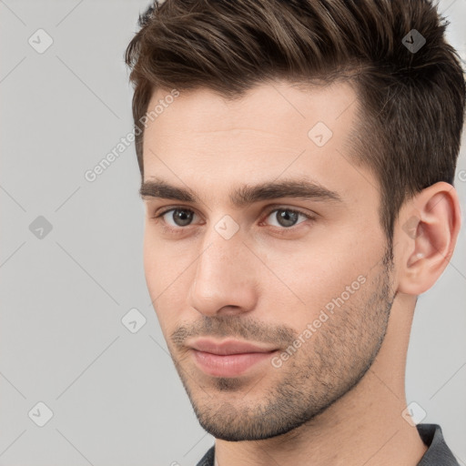 Neutral white young-adult male with short  brown hair and brown eyes