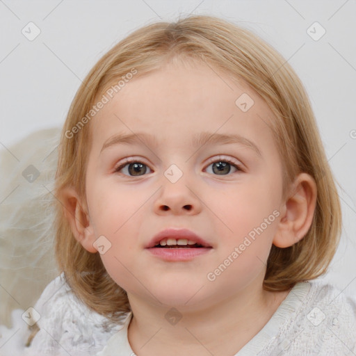 Joyful white child female with medium  brown hair and blue eyes