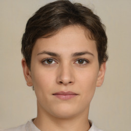 Neutral white young-adult female with short  brown hair and brown eyes