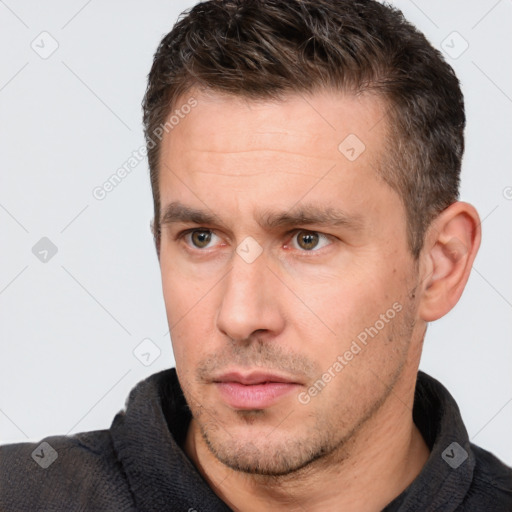 Neutral white adult male with short  brown hair and brown eyes