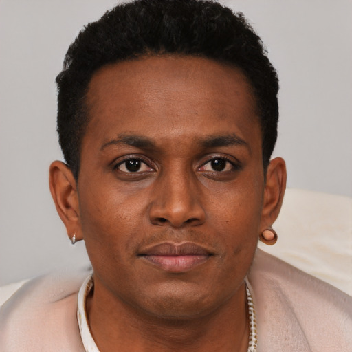 Neutral black young-adult male with short  brown hair and brown eyes