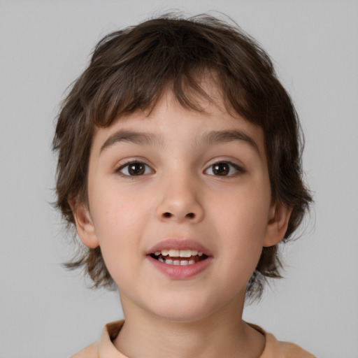 Joyful white child female with medium  brown hair and brown eyes