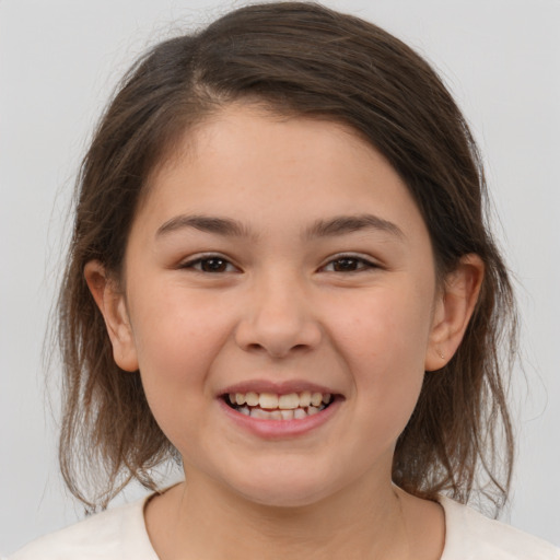 Joyful white child female with medium  brown hair and brown eyes