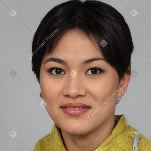 Joyful asian young-adult female with medium  brown hair and brown eyes