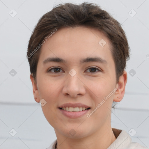 Joyful white young-adult female with short  brown hair and brown eyes