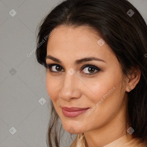 Joyful white young-adult female with medium  brown hair and brown eyes