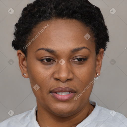 Joyful black young-adult female with short  black hair and brown eyes