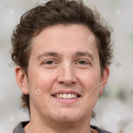 Joyful white adult female with short  brown hair and grey eyes