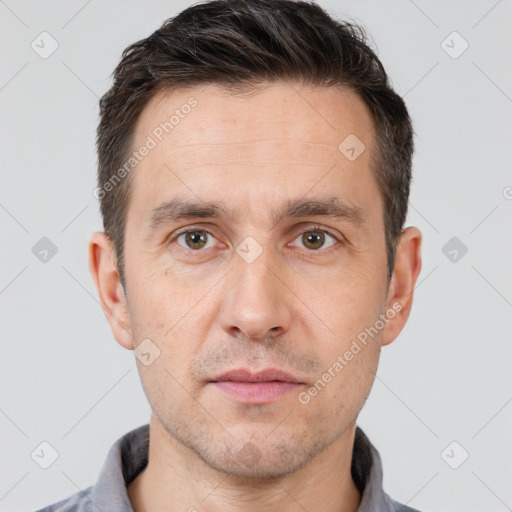 Neutral white adult male with short  brown hair and brown eyes