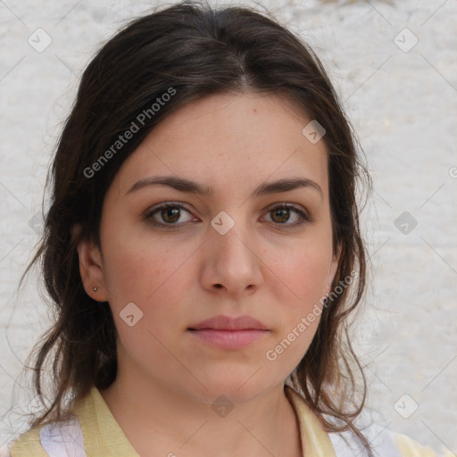 Neutral white young-adult female with medium  brown hair and brown eyes