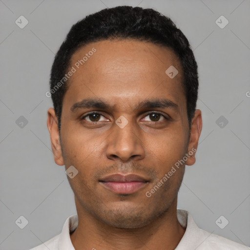 Neutral black young-adult male with short  black hair and brown eyes