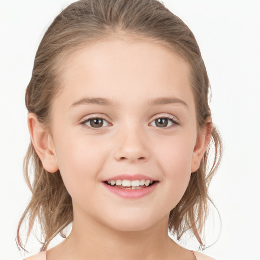 Joyful white child female with medium  brown hair and grey eyes