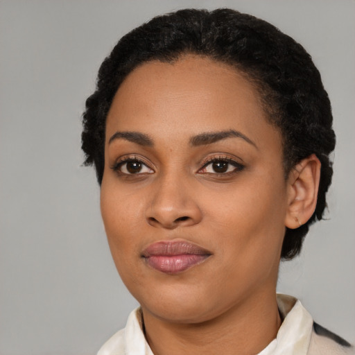 Joyful black young-adult female with short  black hair and brown eyes
